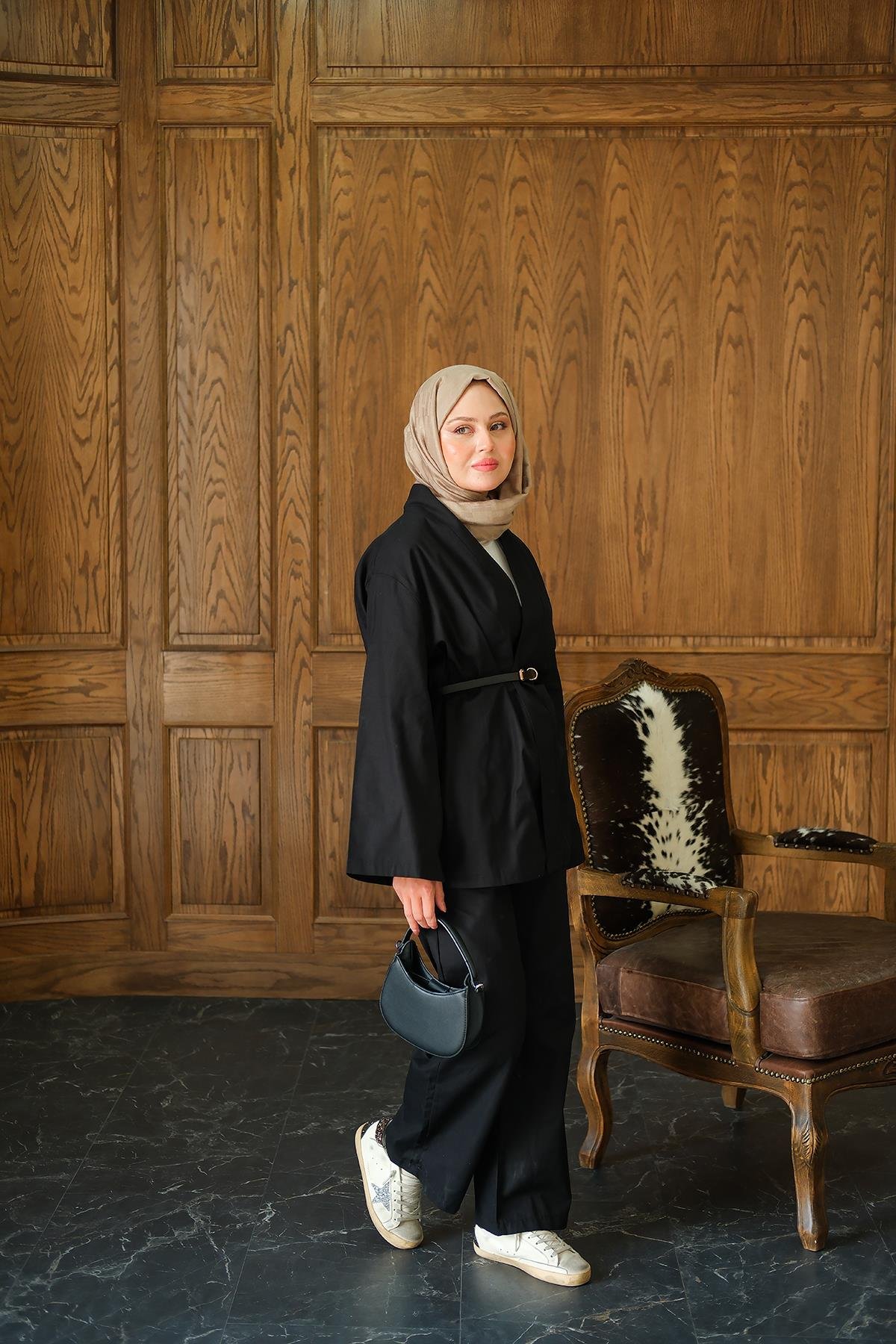 Deri Kemerli Kimono Takım Siyah