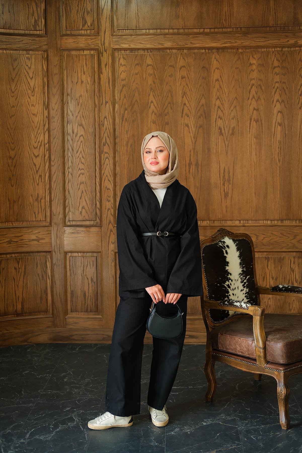 Deri Kemerli Kimono Takım Siyah