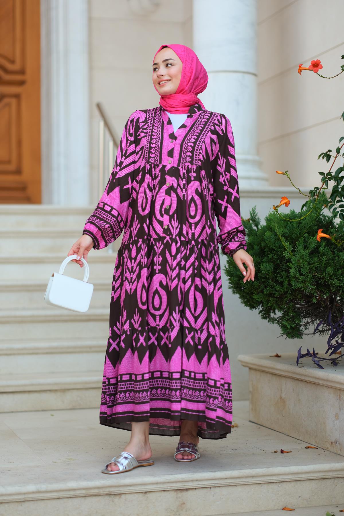 Desenli Elbise Fuşya