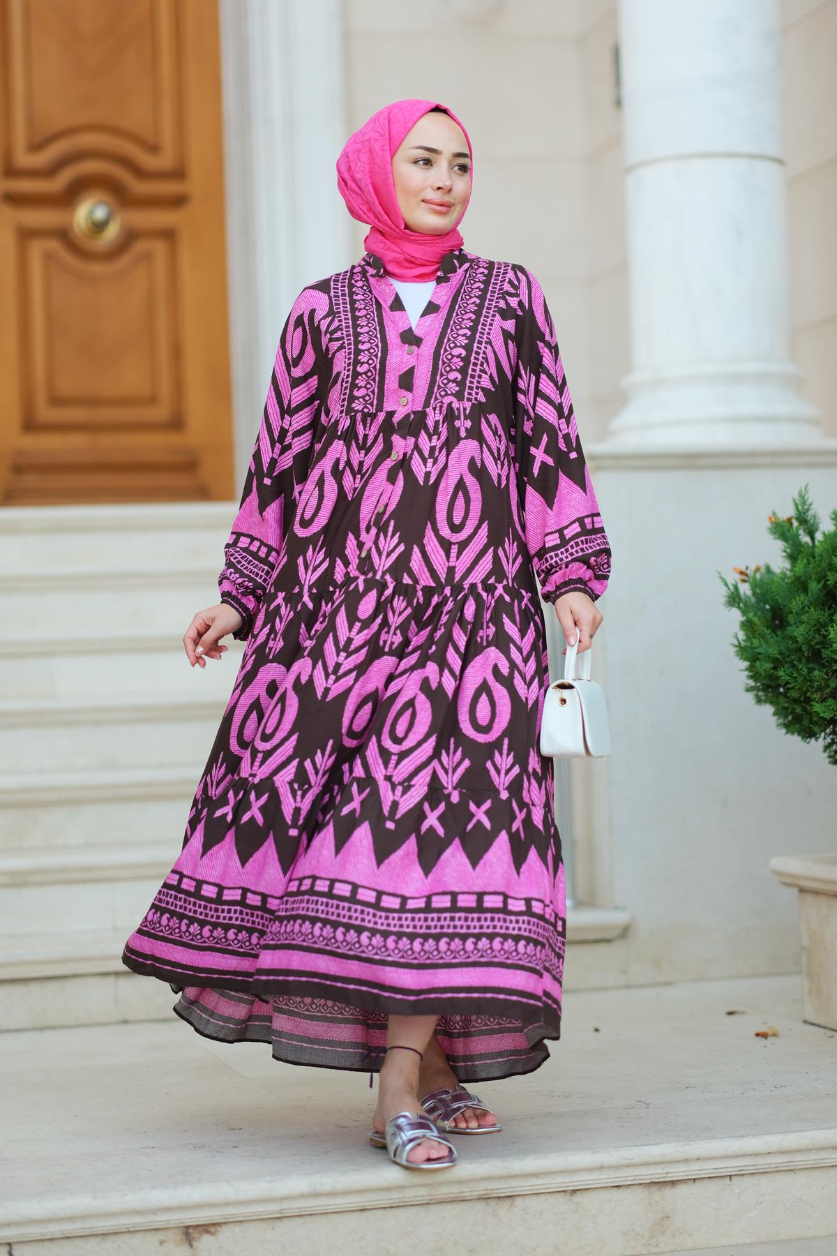 Desenli Elbise Fuşya