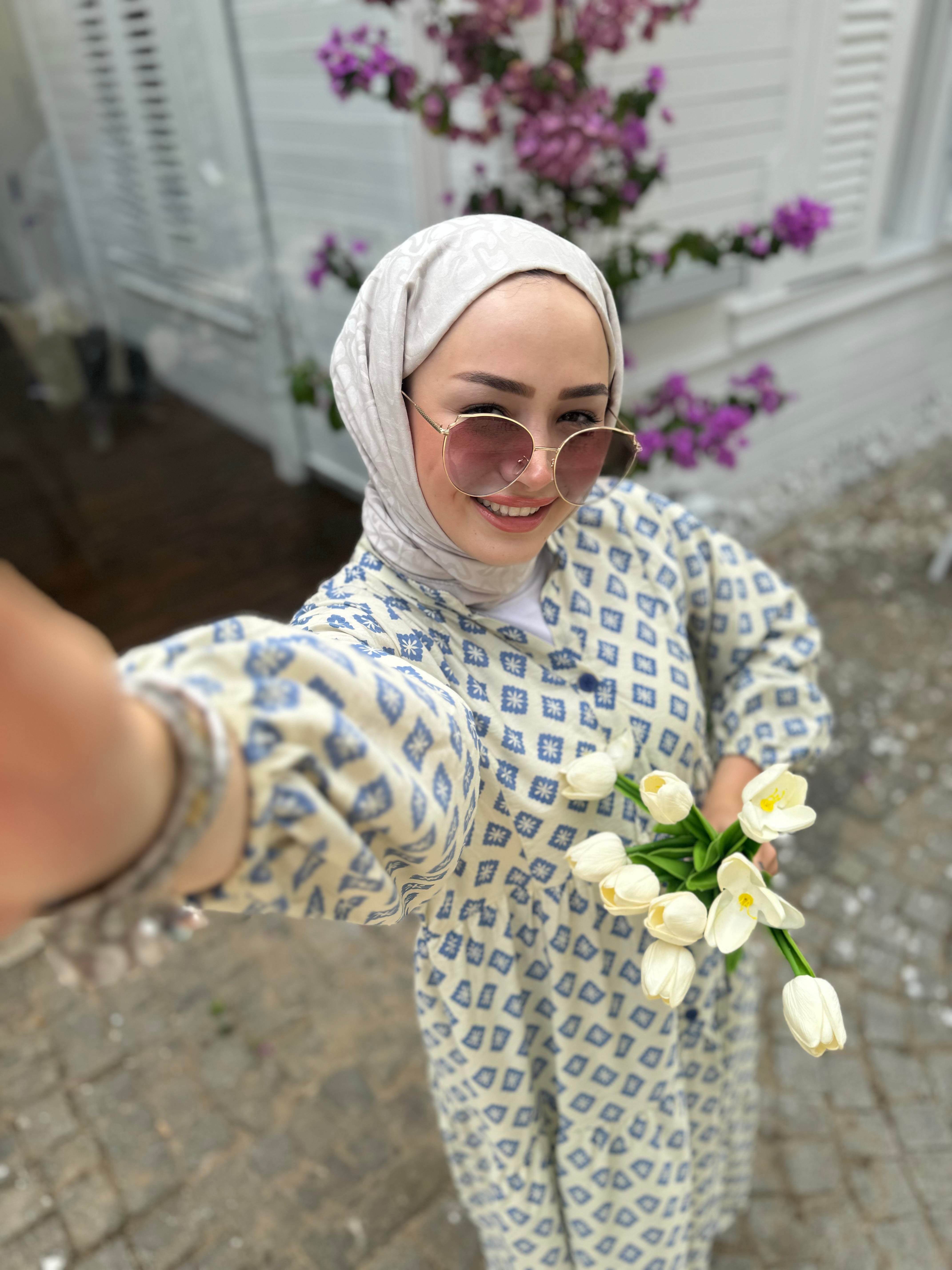 Desenli Elbise Mavi