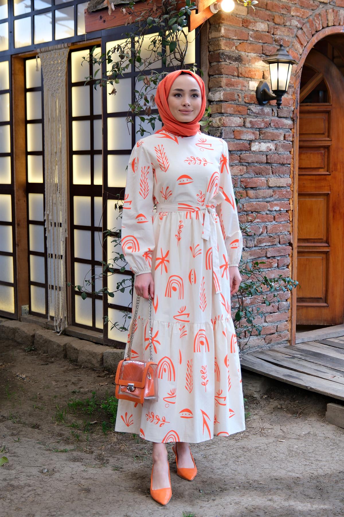 DESENLI KETEN ELBISE TURUNCU