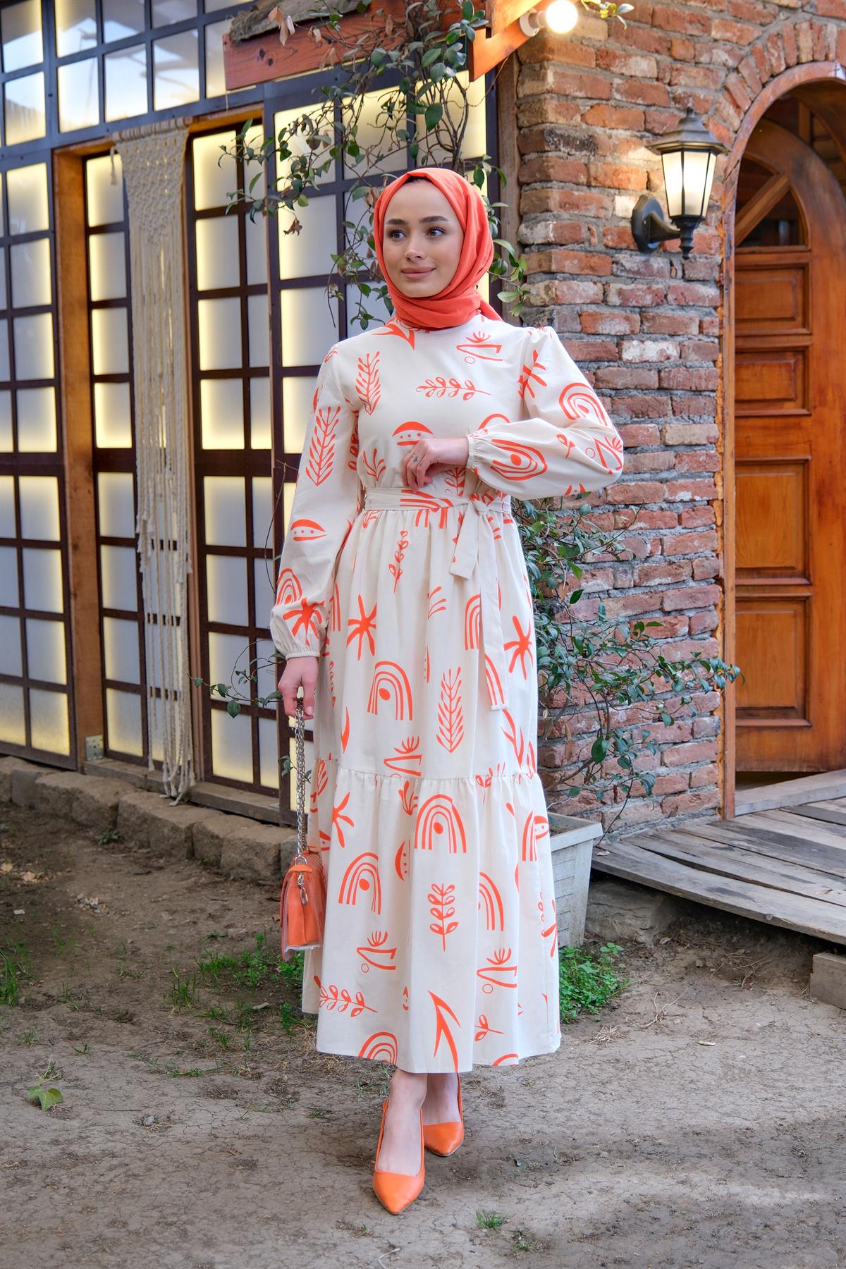 DESENLI KETEN ELBISE TURUNCU