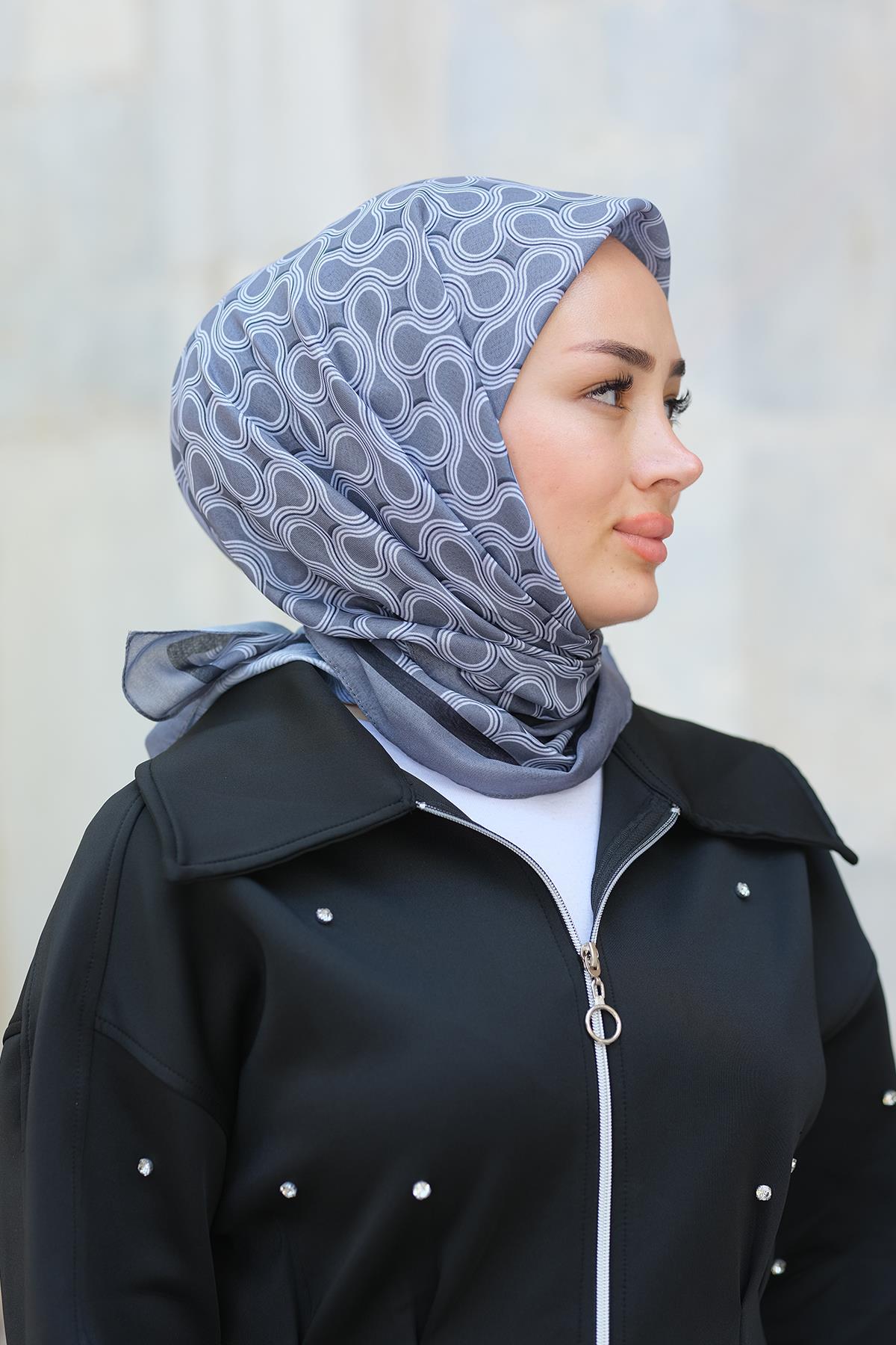 Desenli Soft Eşarp Gri