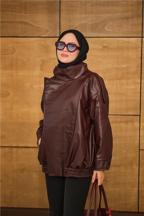 Dik Yaka Deri Ceket Bordo
