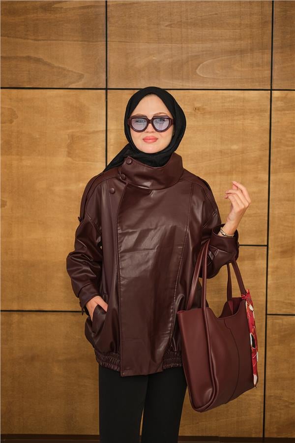 Dik Yaka Deri Ceket Bordo