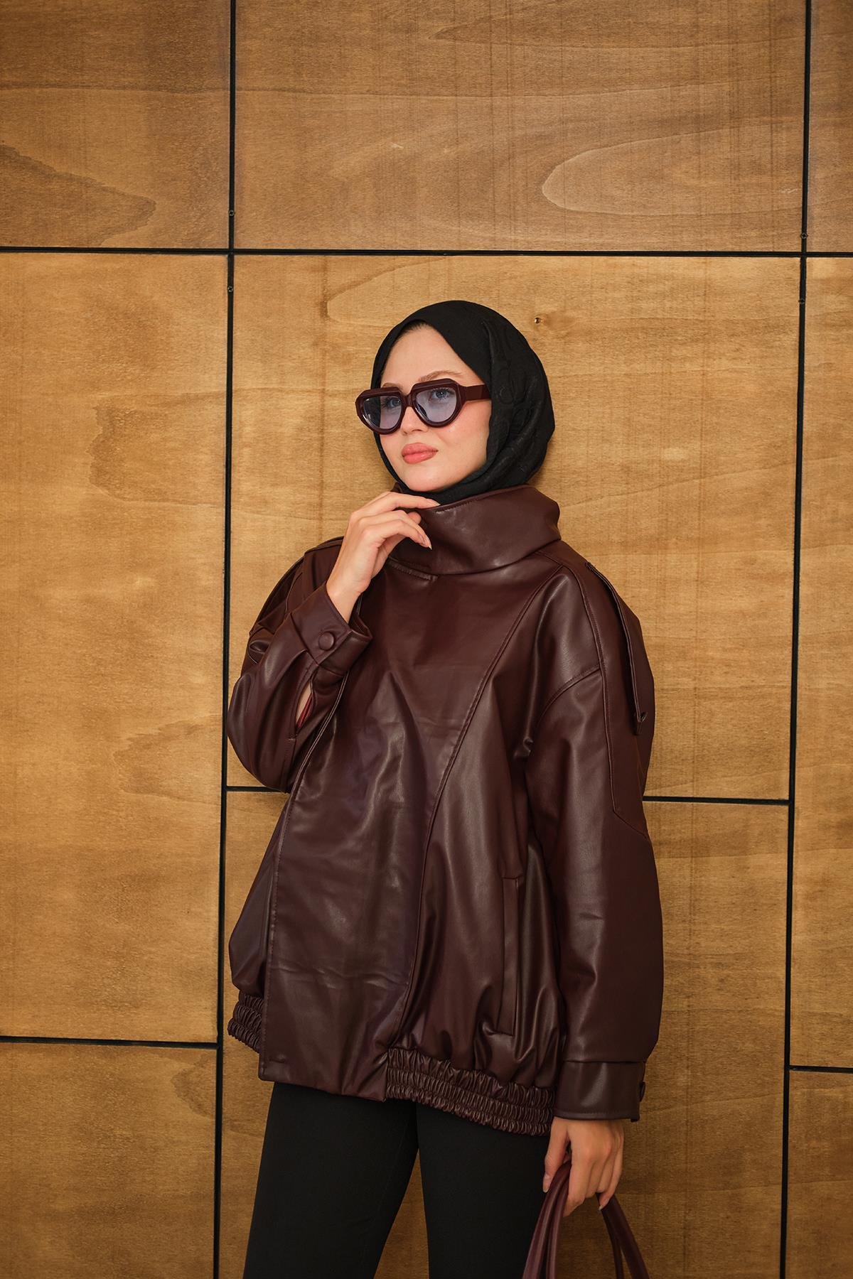 Dik Yaka Deri Ceket Bordo