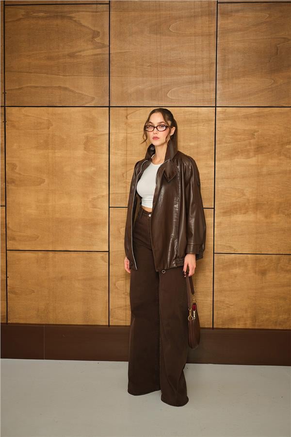 Dik Yaka Deri Ceket Kahverengi