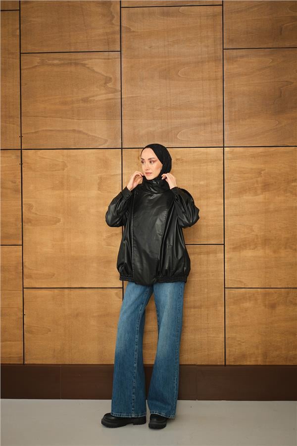 Dik Yaka Deri Ceket Siyah