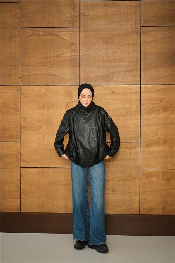 Dik Yaka Deri Ceket Siyah