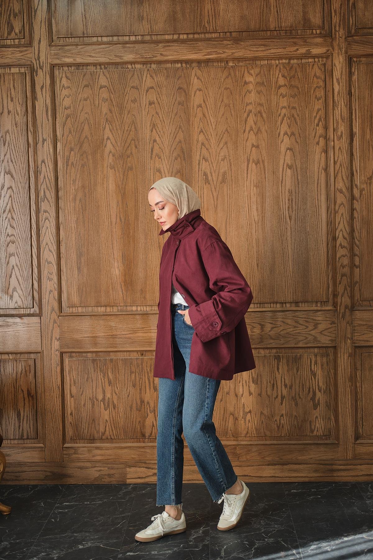 Dik Yaka Gabardin Ceket Bordo