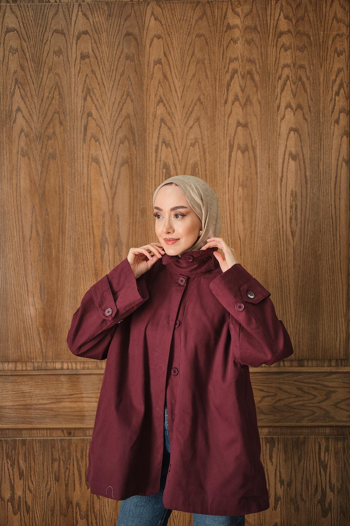 Dik Yaka Gabardin Ceket Bordo