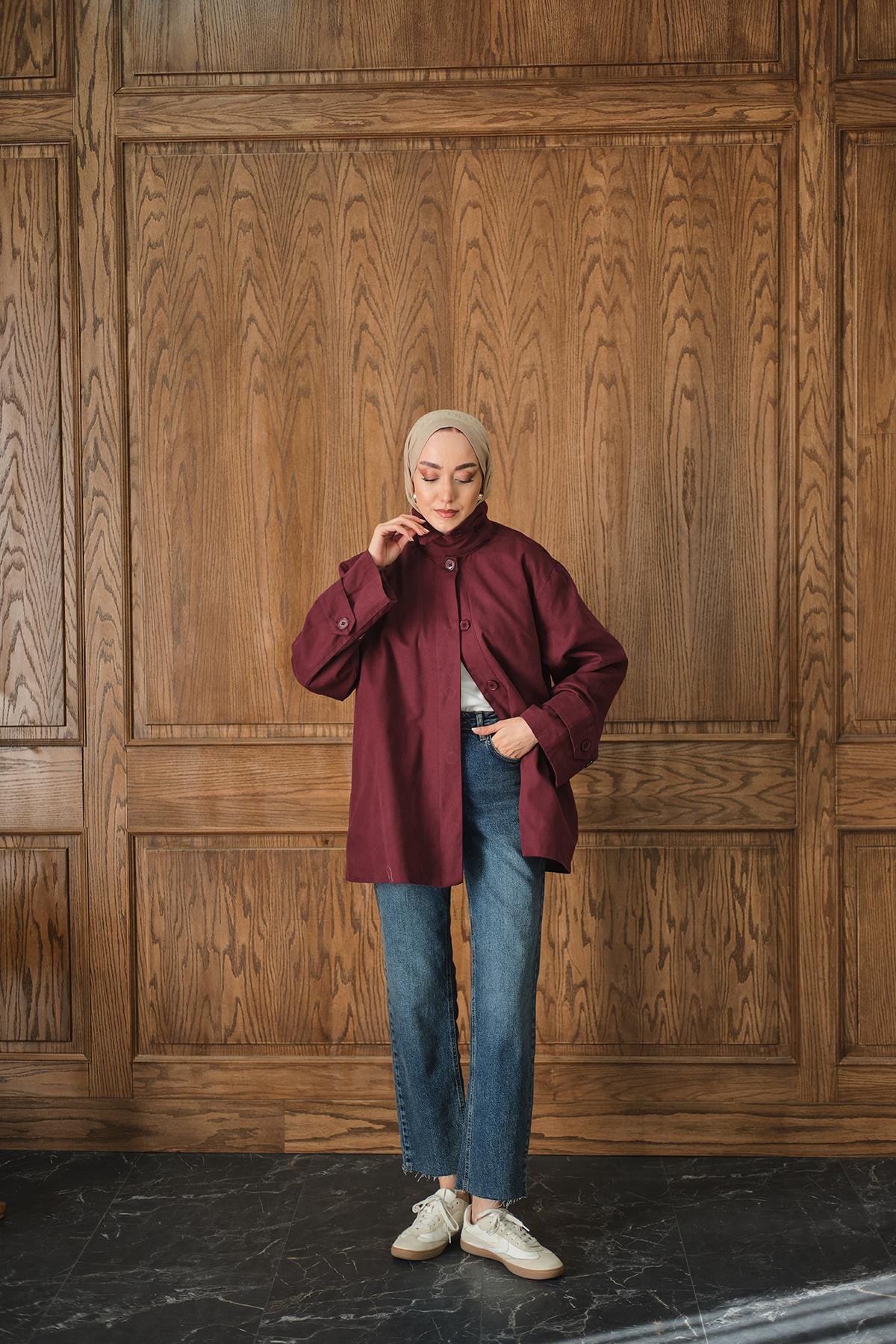 Dik Yaka Gabardin Ceket Bordo