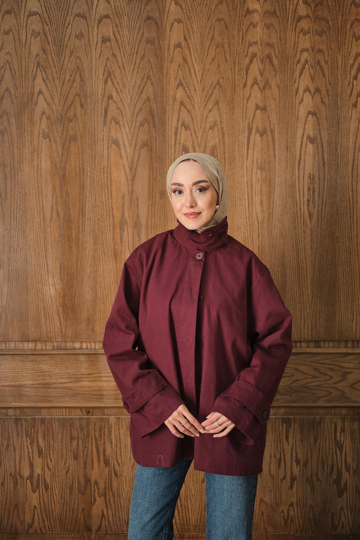 Dik Yaka Gabardin Ceket Bordo