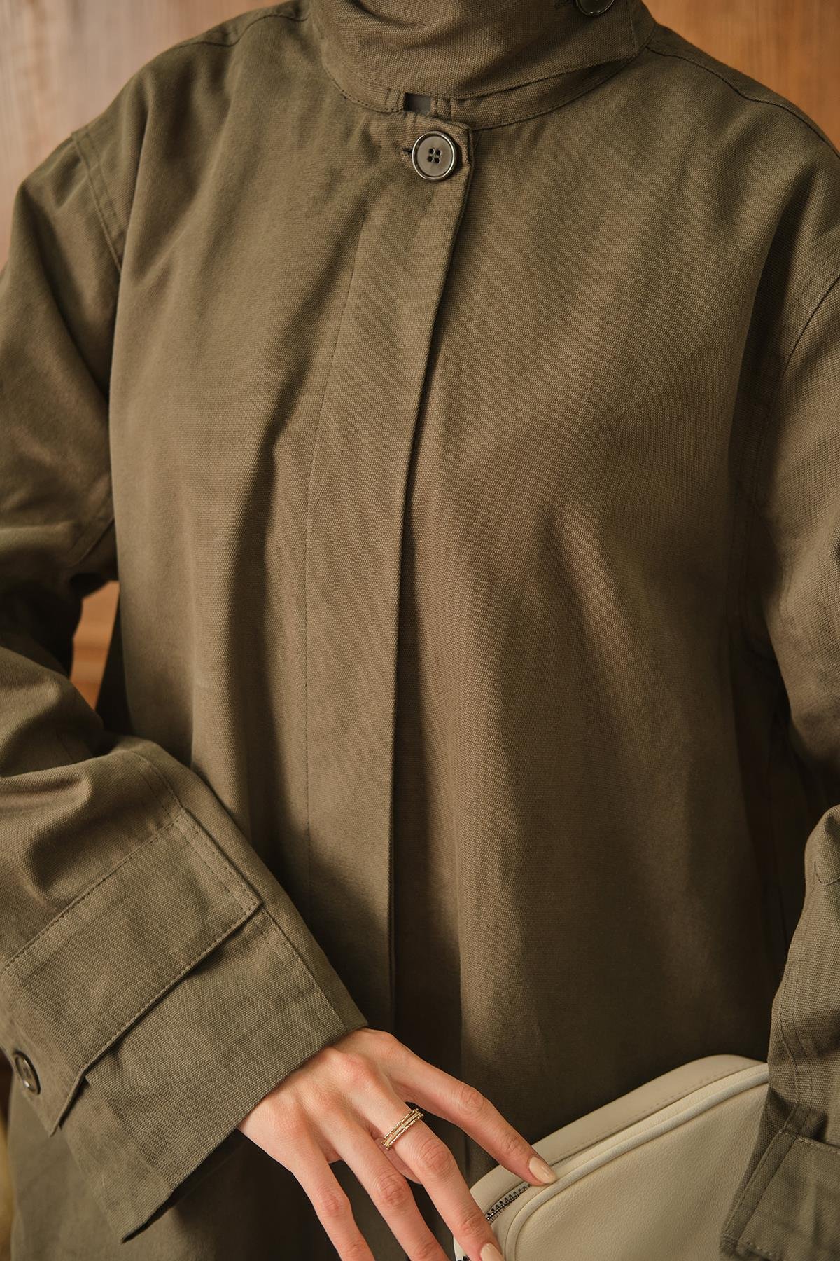 Dik Yaka Gabardin Ceket Haki Yeşil