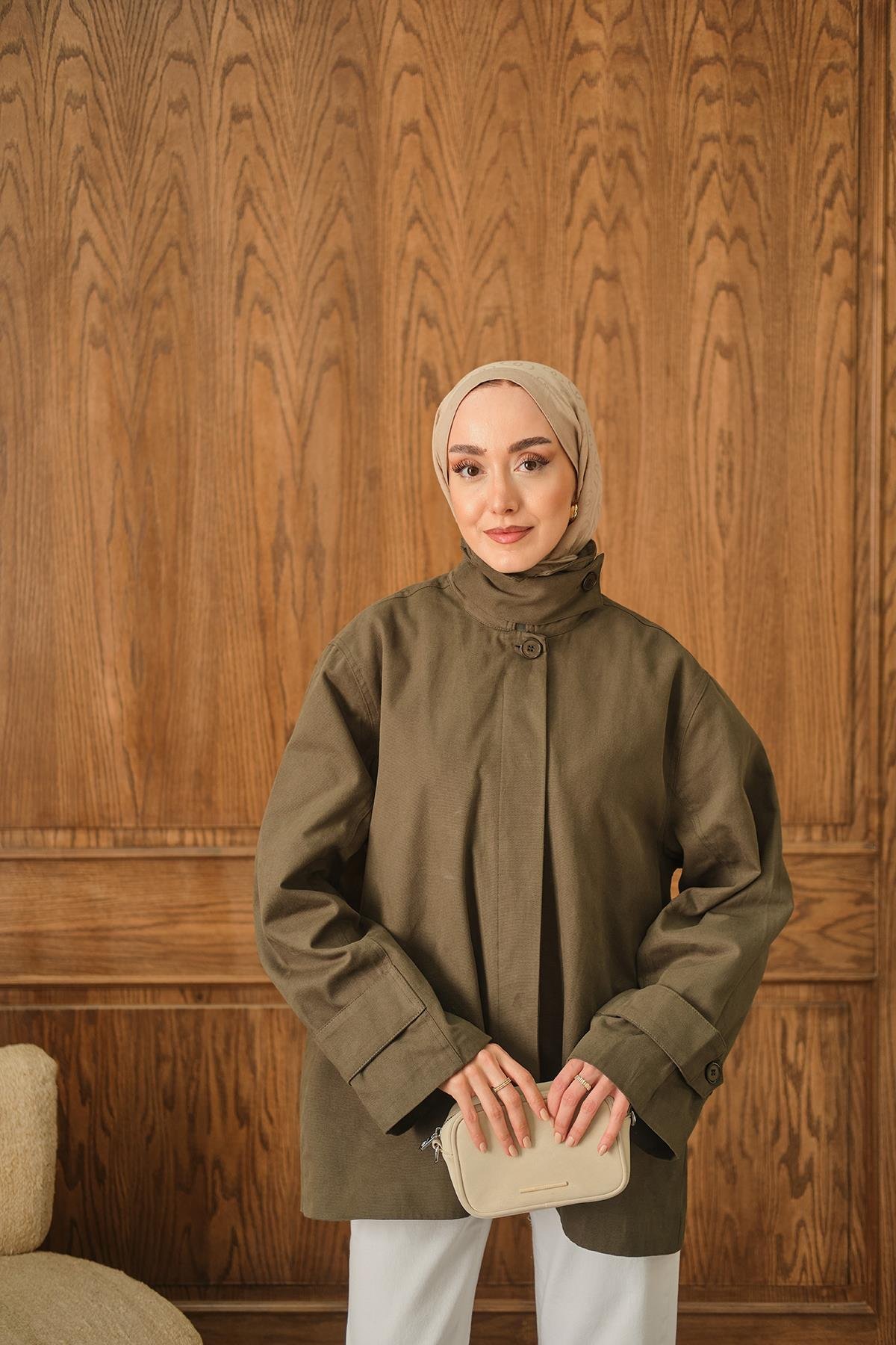 Dik Yaka Gabardin Ceket Haki Yeşil