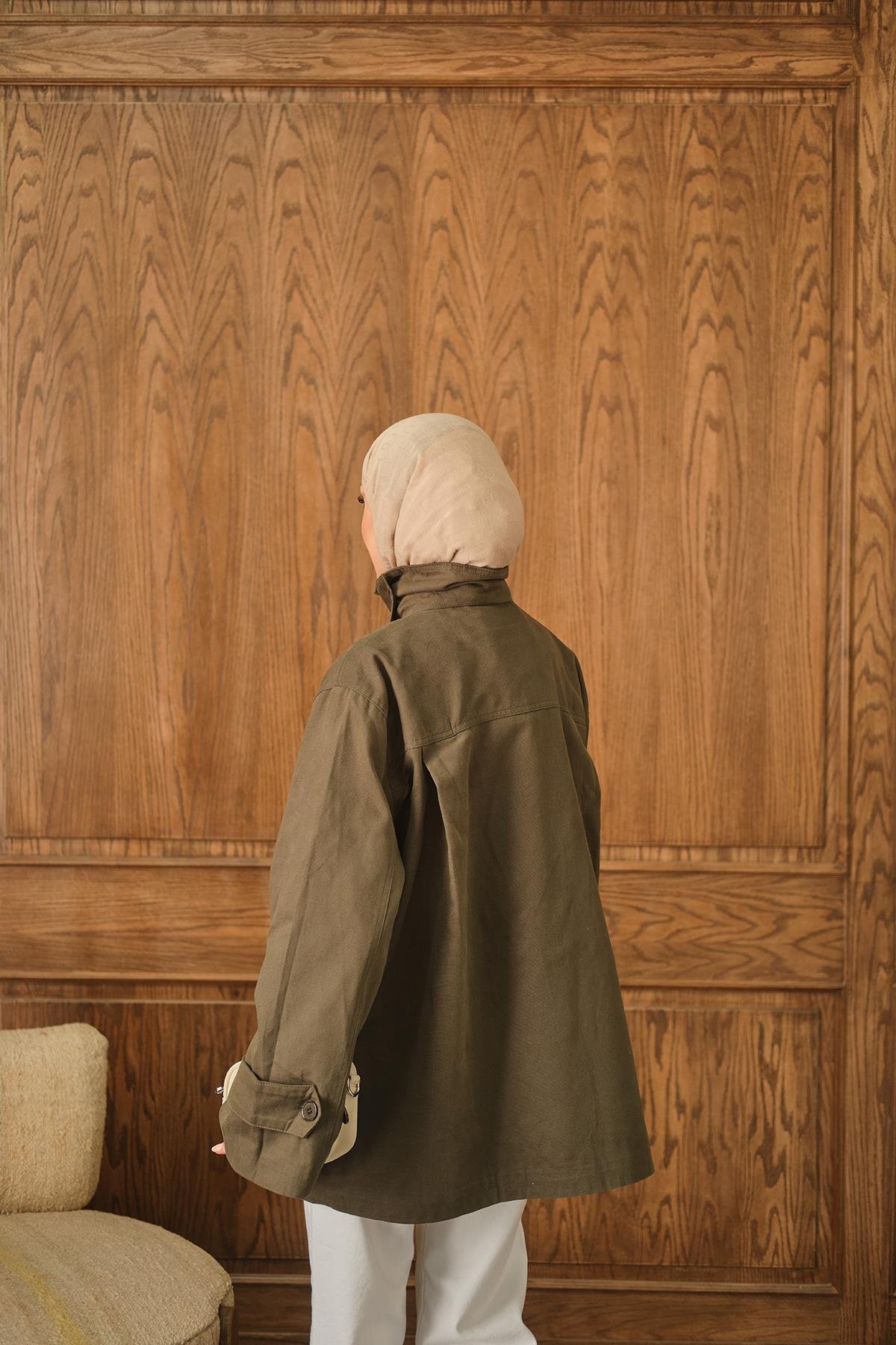 Dik Yaka Gabardin Ceket Haki Yeşil