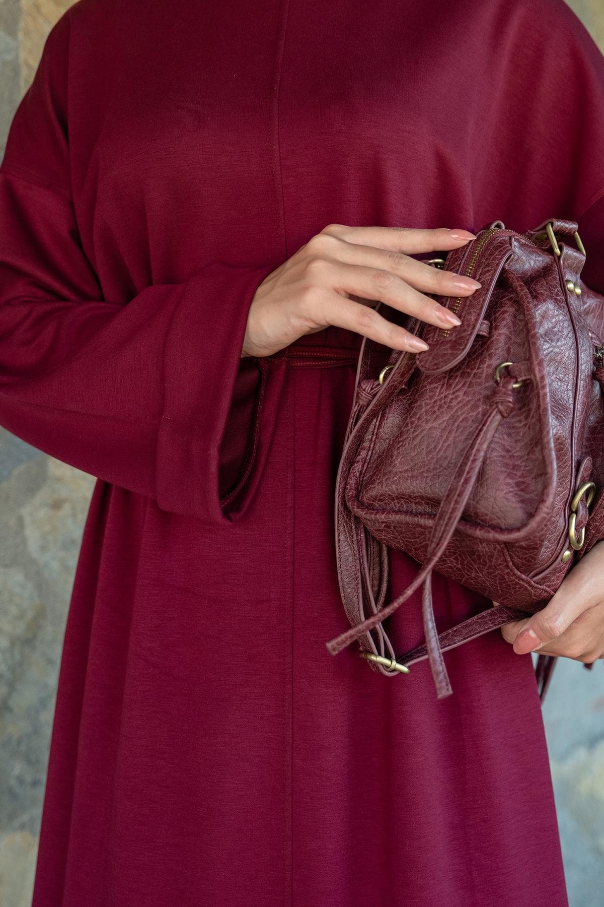 Dikiş Detay Bağlamalı Elbise Bordo