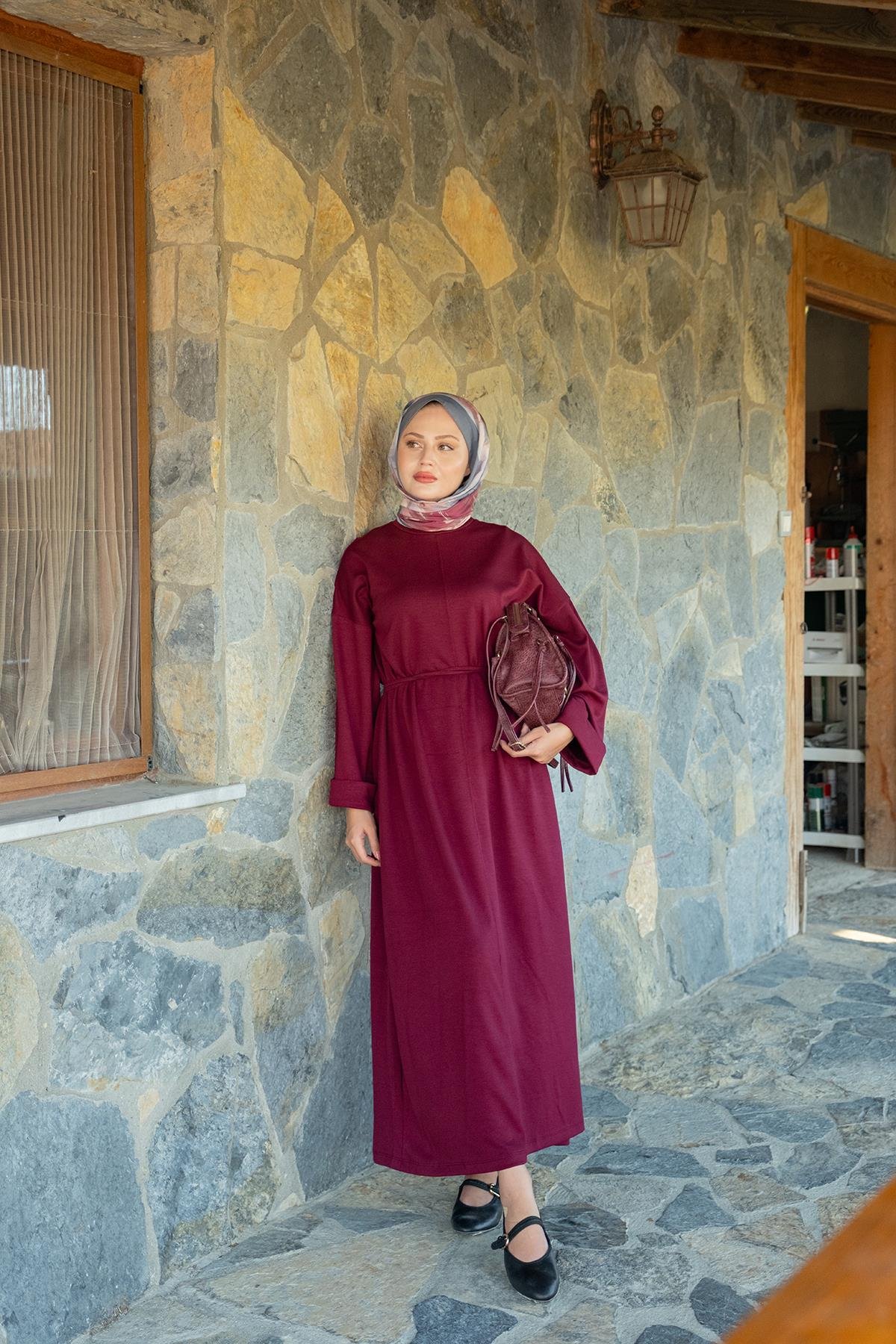 Dikiş Detay Bağlamalı Elbise Bordo