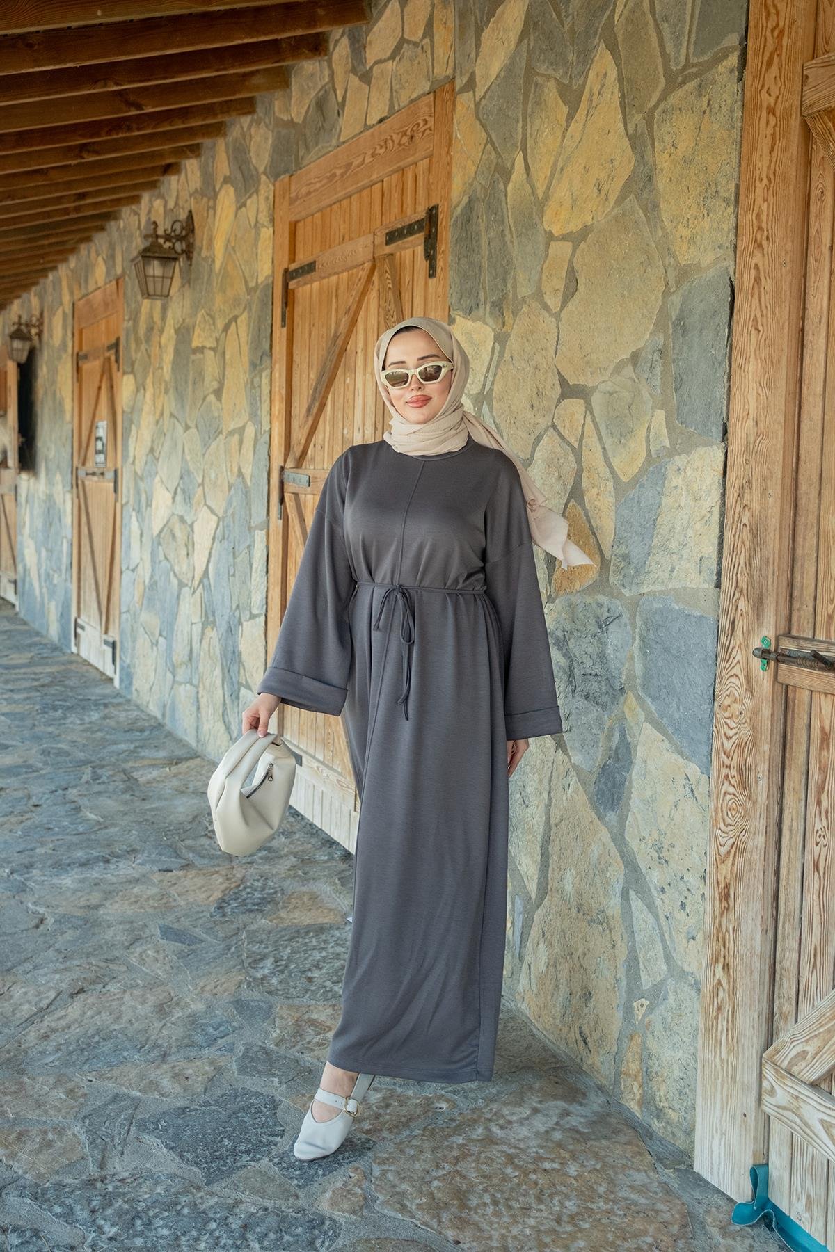 Dikiş Detay Bağlamalı Elbise Gri