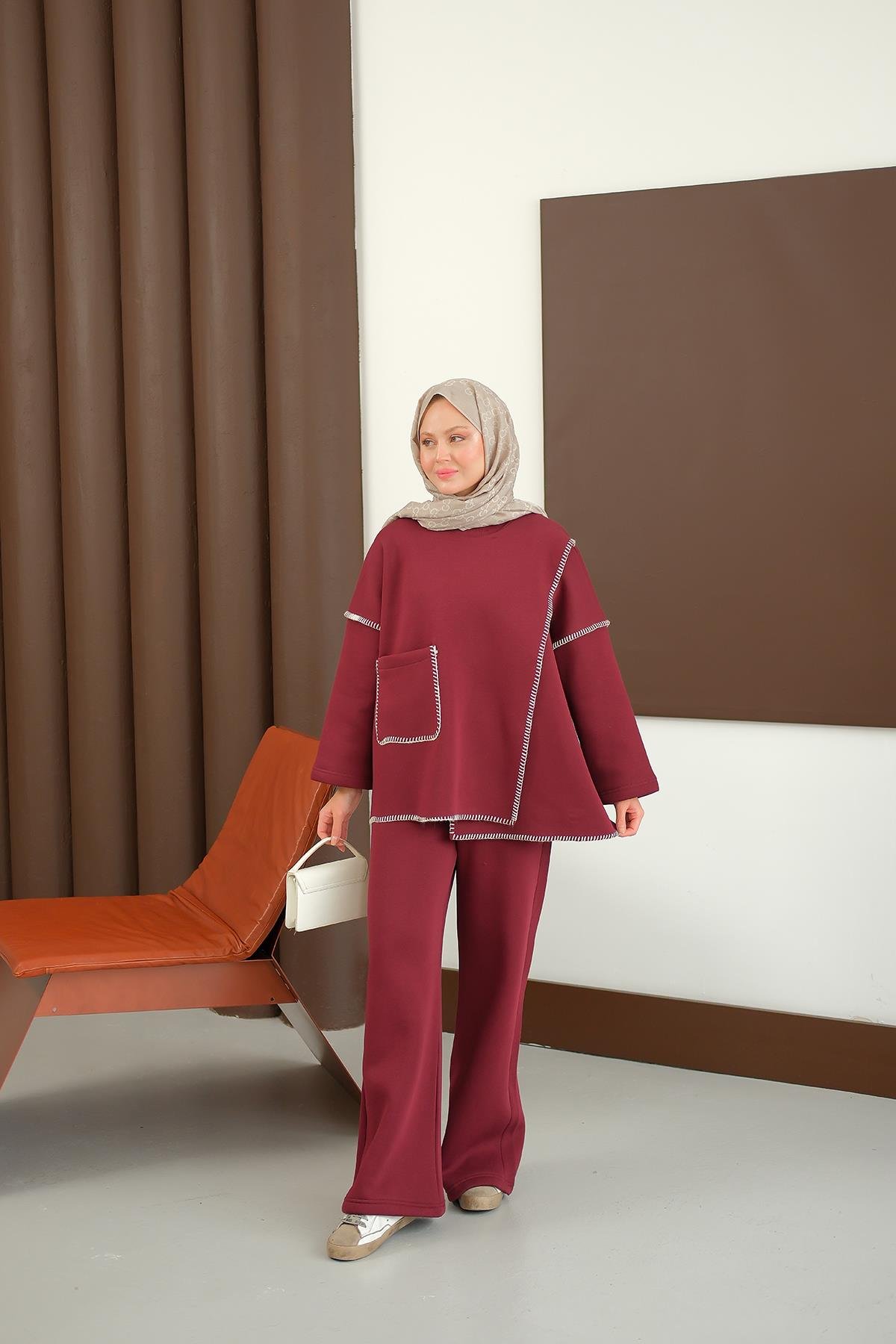 Dikiş Detay Cepli Takım Bordo