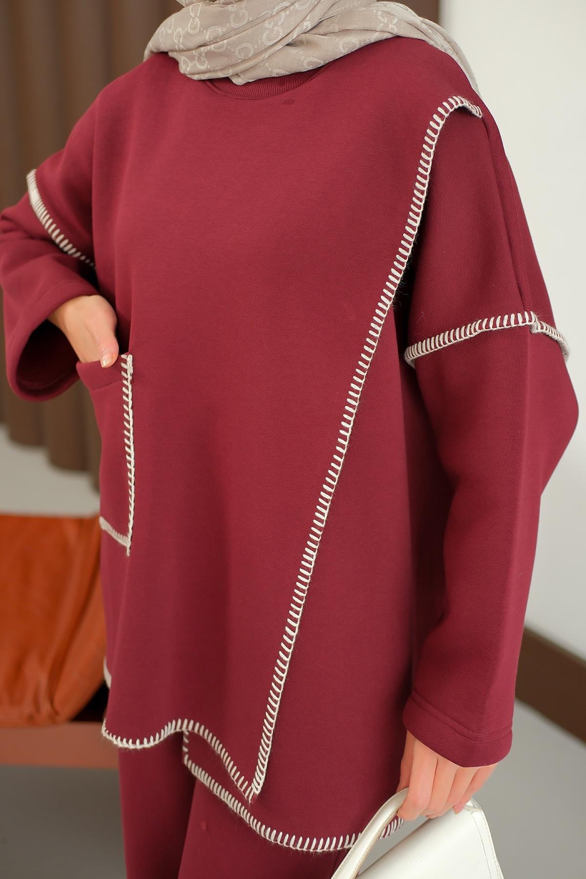 Dikiş Detay Cepli Takım Bordo
