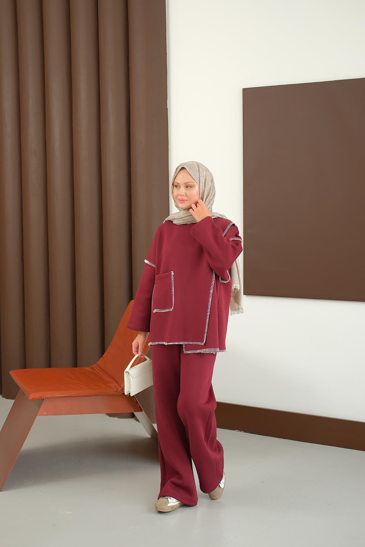 Dikiş Detay Cepli Takım Bordo