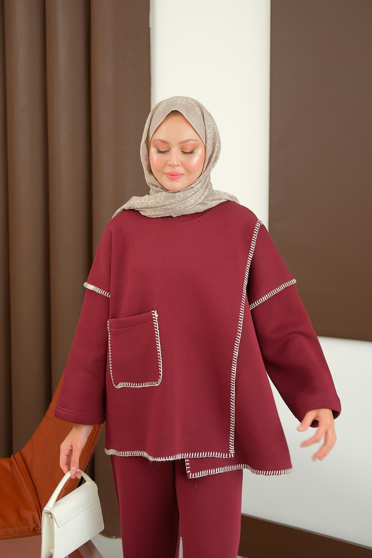 Dikiş Detay Cepli Takım Bordo