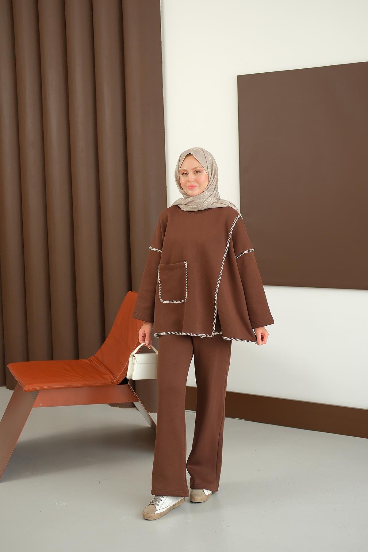 Dikiş Detay Cepli Takım Kahverengi