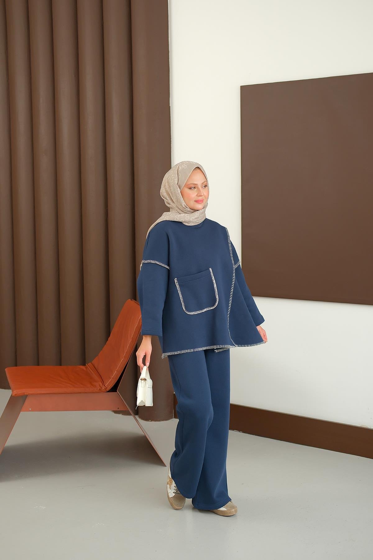 Dikiş Detay Cepli Takım Lacivert