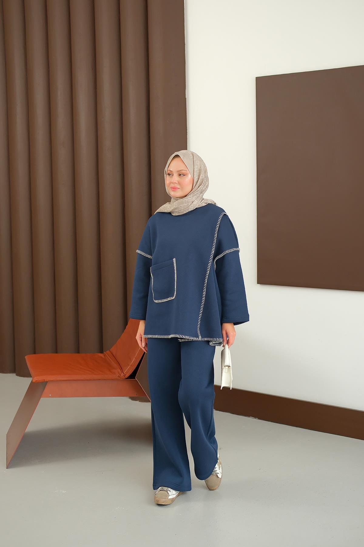 Dikiş Detay Cepli Takım Lacivert