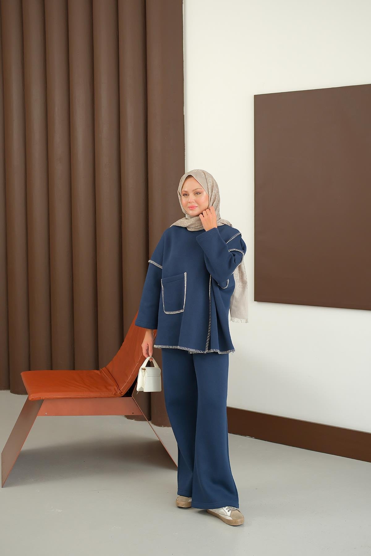 Dikiş Detay Cepli Takım Lacivert