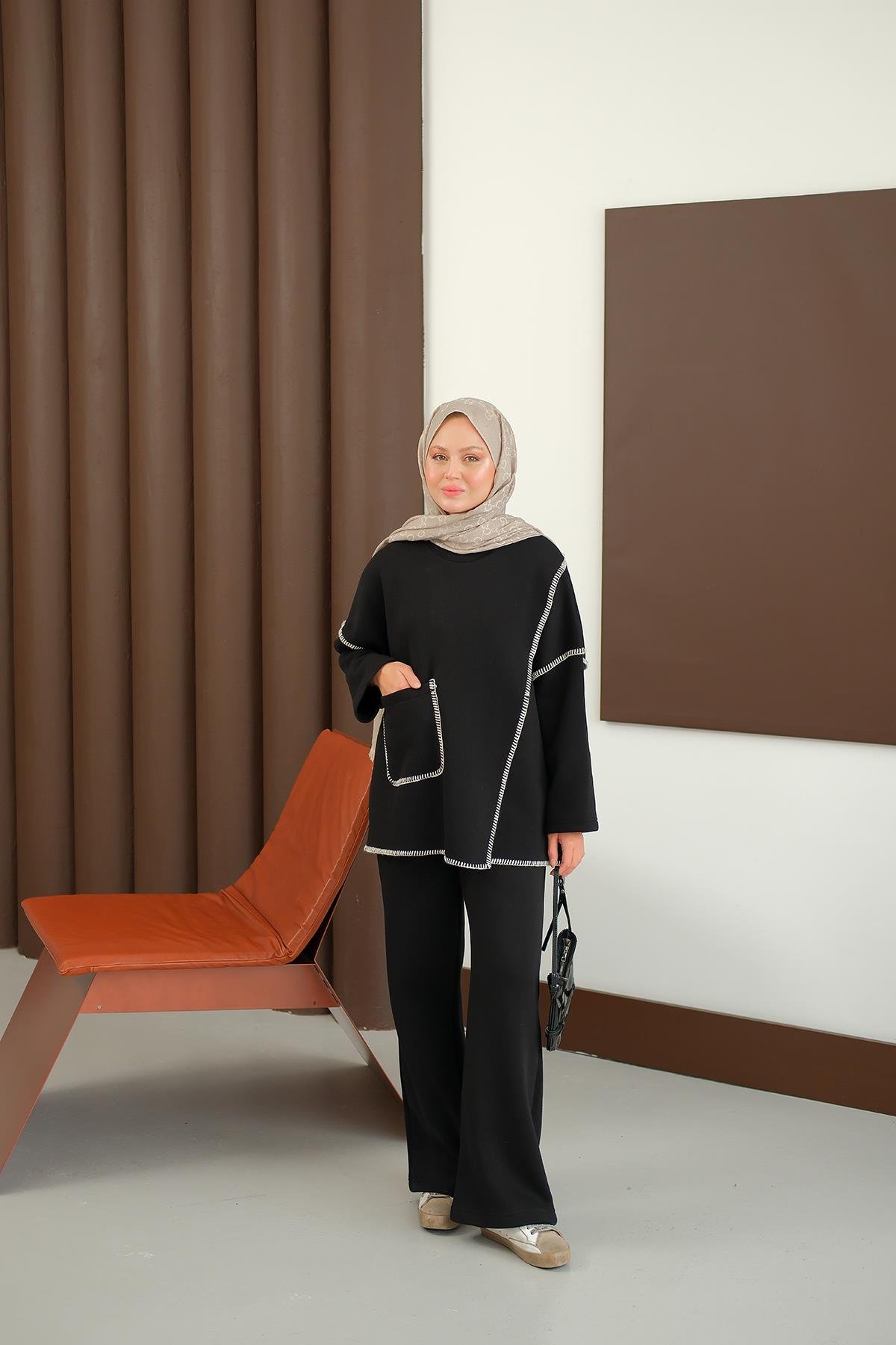 Dikiş Detay Cepli Takım Siyah