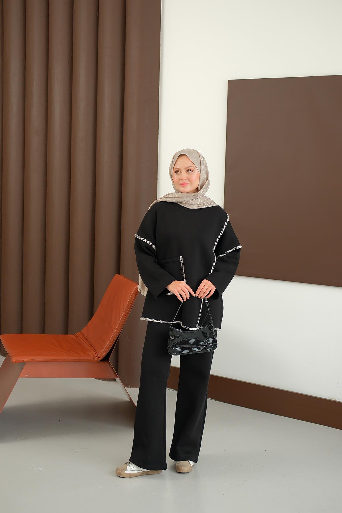 Dikiş Detay Cepli Takım Siyah
