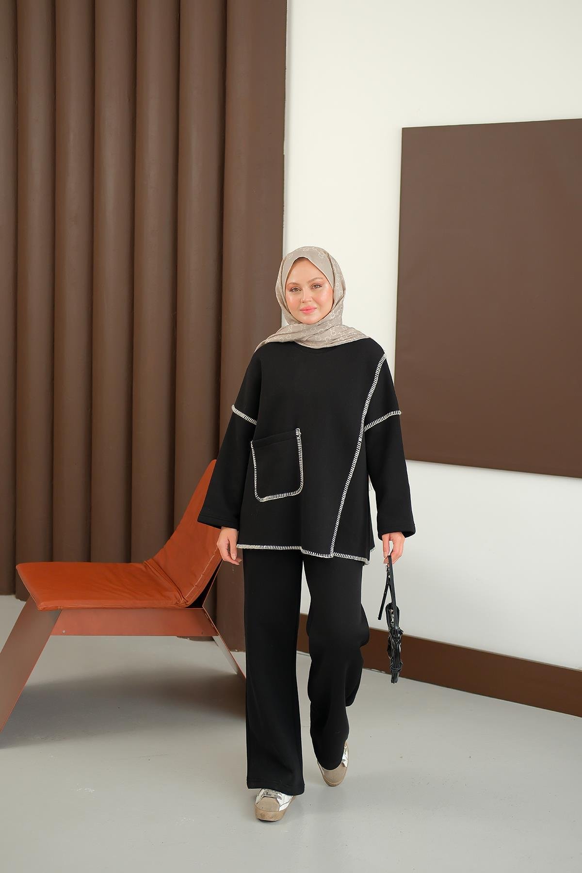 Dikiş Detay Cepli Takım Siyah