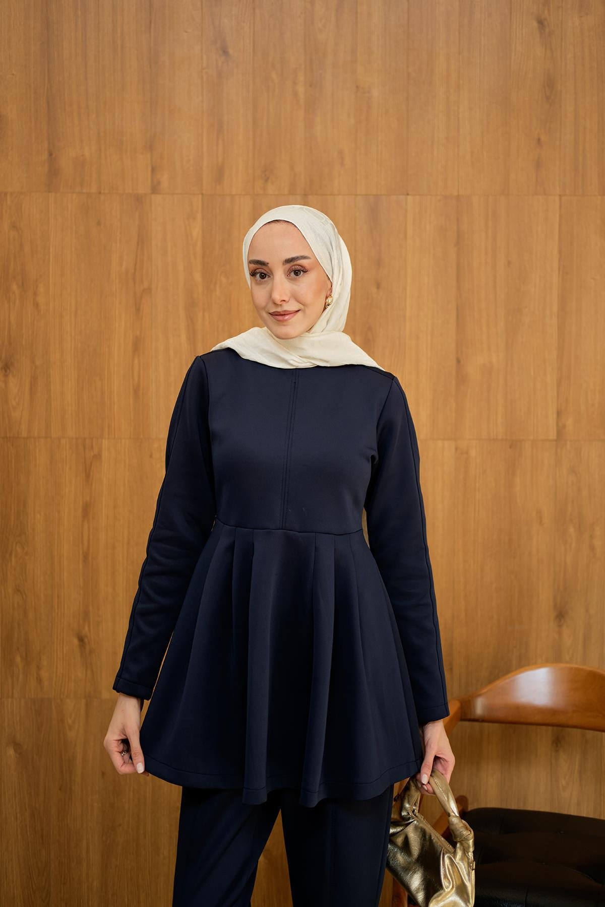 Dikiş Detaylı Pileli Takım Lacivert