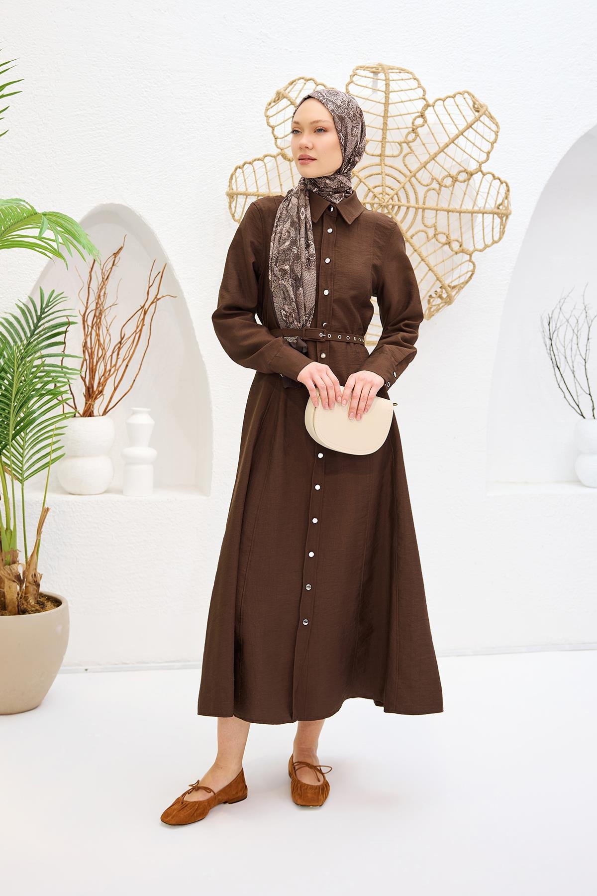 Dilimli Cupra Elbise Kahverengi