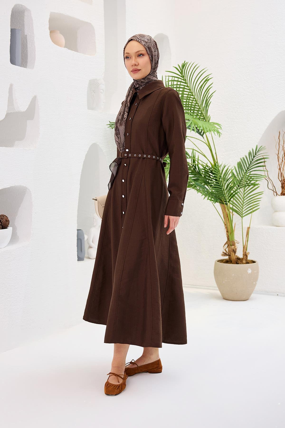 Dilimli Cupra Elbise Kahverengi