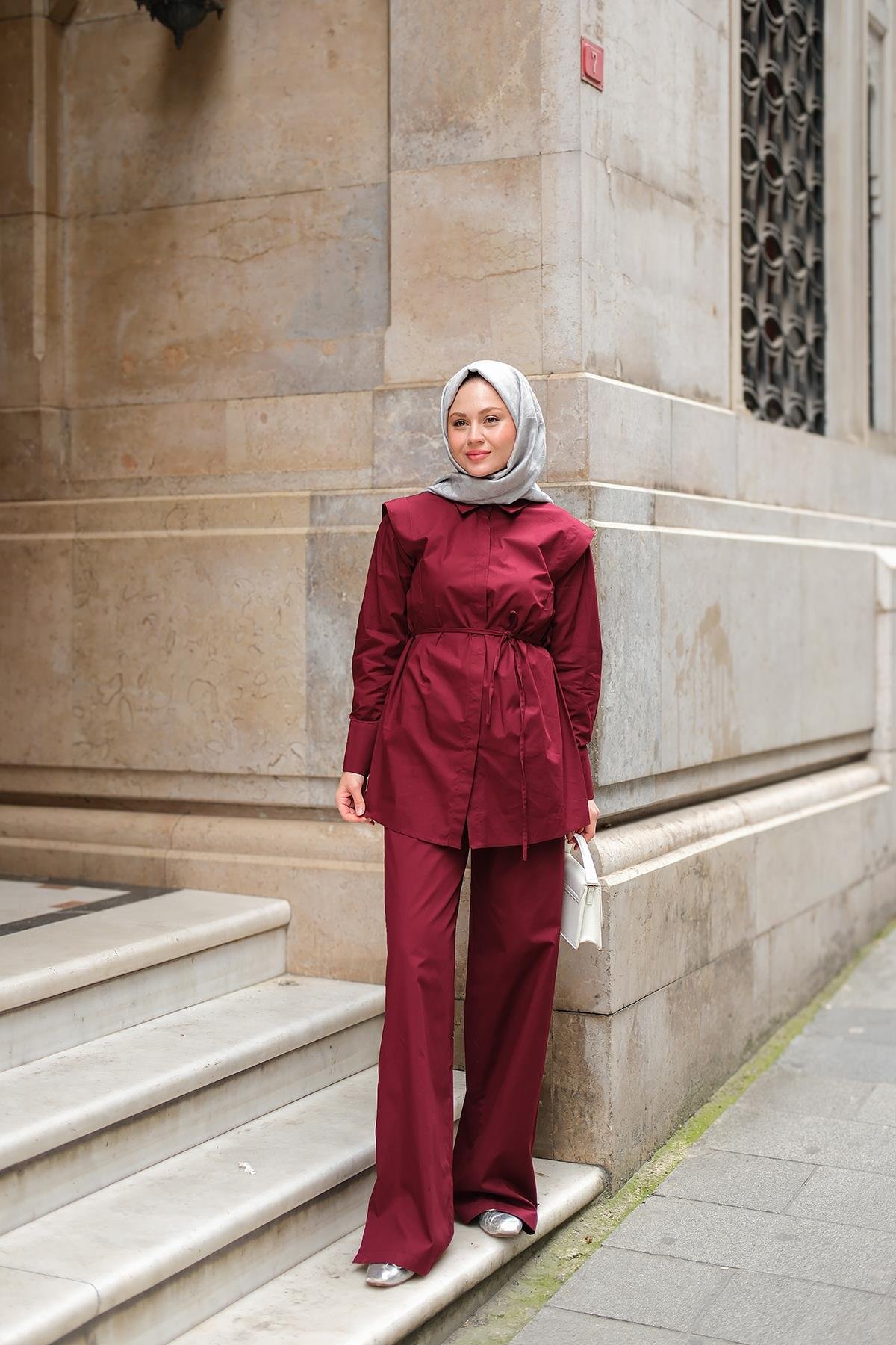 Dış Vatka Detaylı Şık Takım Bordo