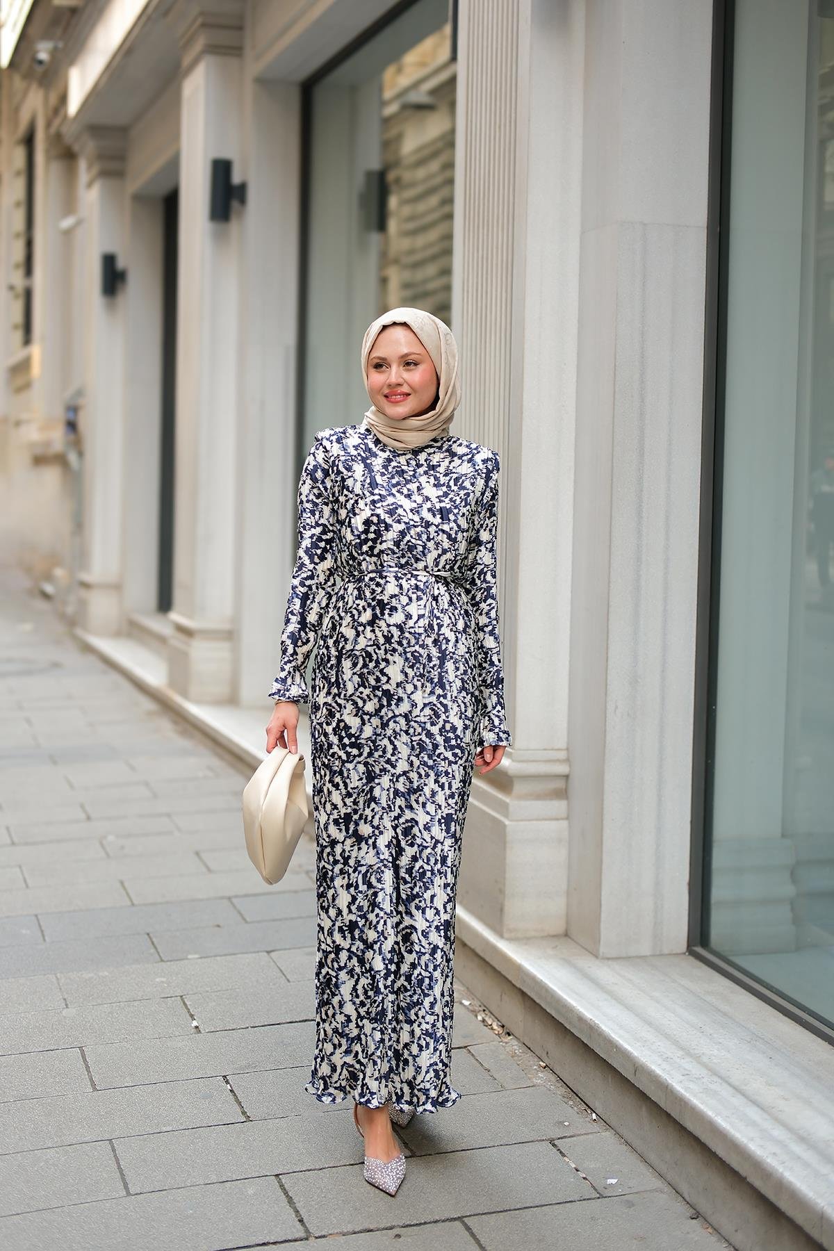 Dökümlü Viskon Elbise Lacivert