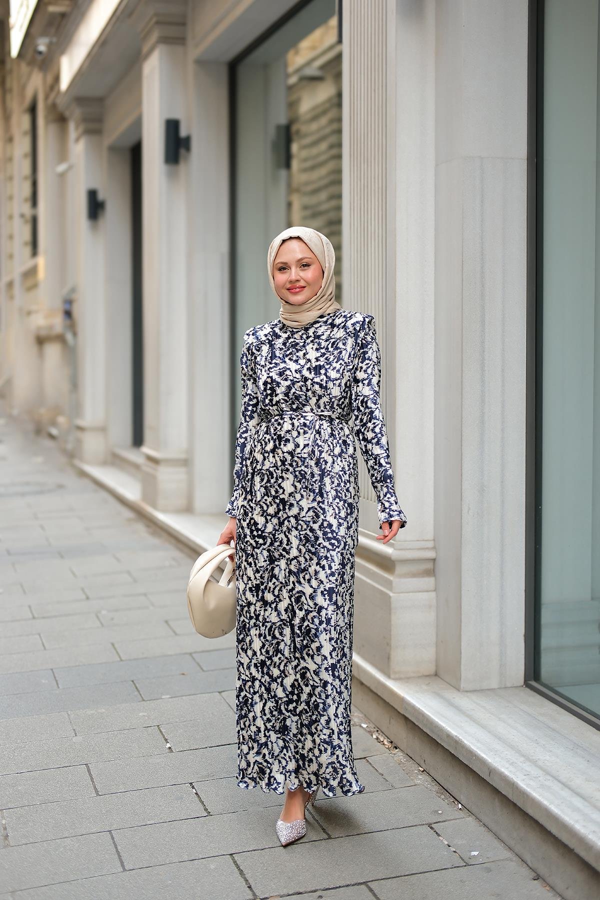 Dökümlü Viskon Elbise Lacivert