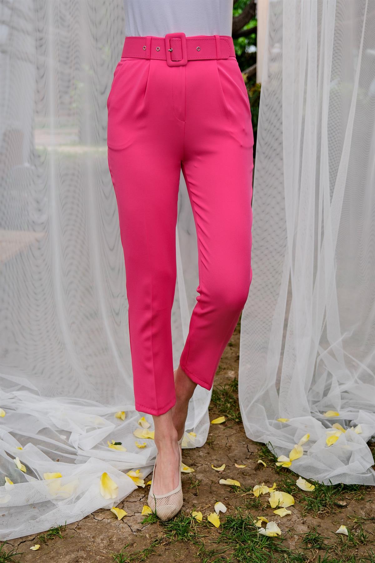 DUBLE KAPLAMA KEMERLI PANTOLON PEMBE