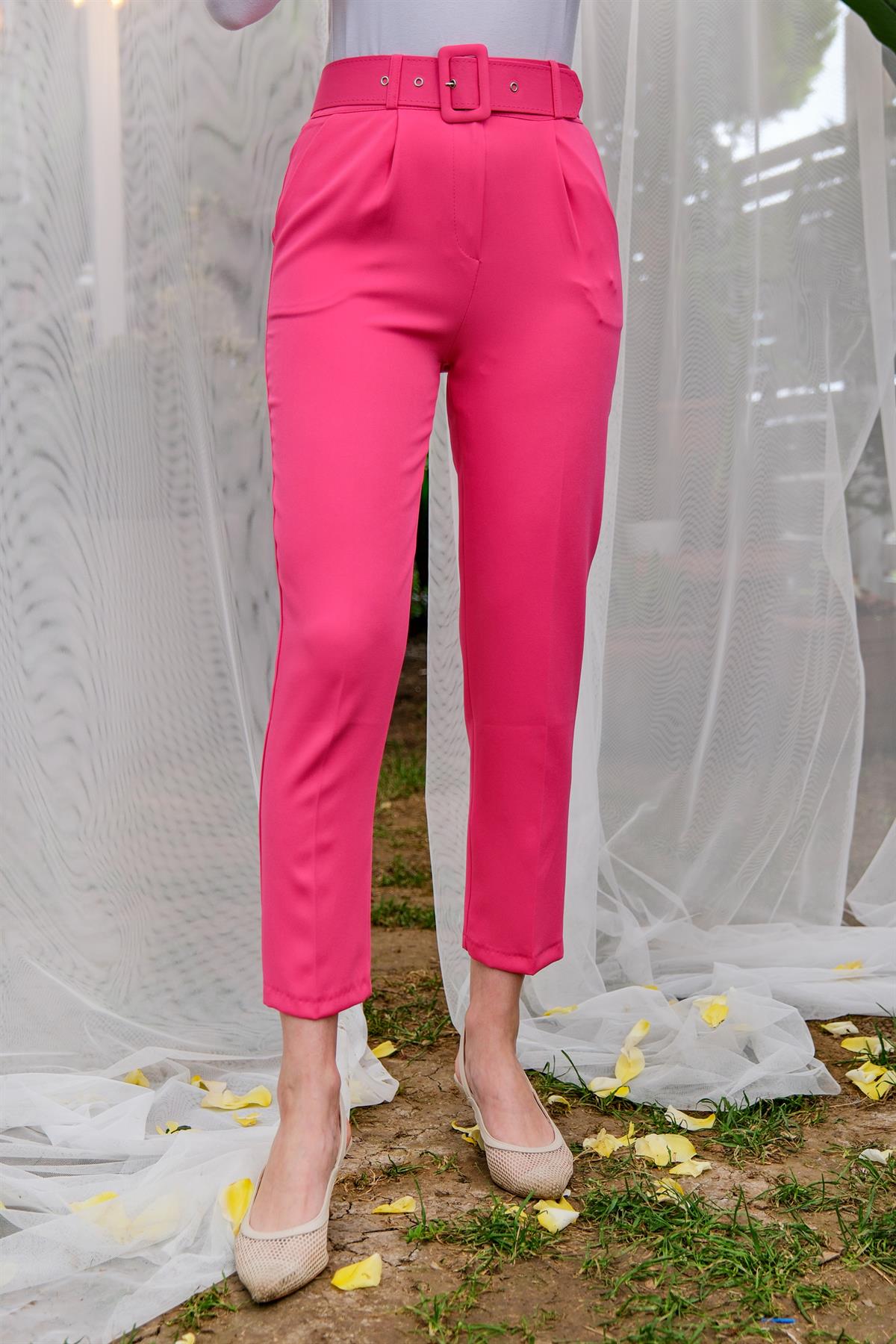 DUBLE KAPLAMA KEMERLI PANTOLON PEMBE