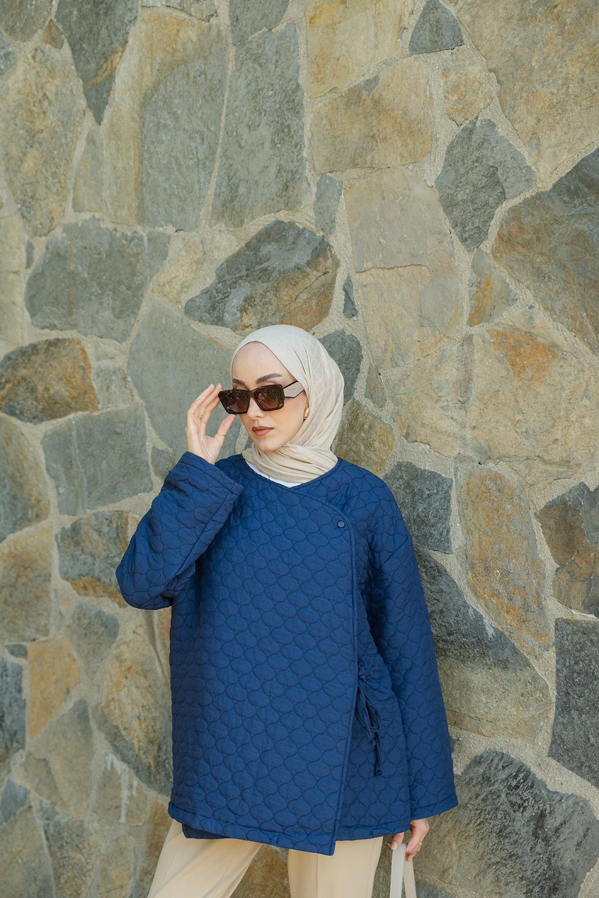 Düğme Detay Bağlamalı Ceket Lacivert