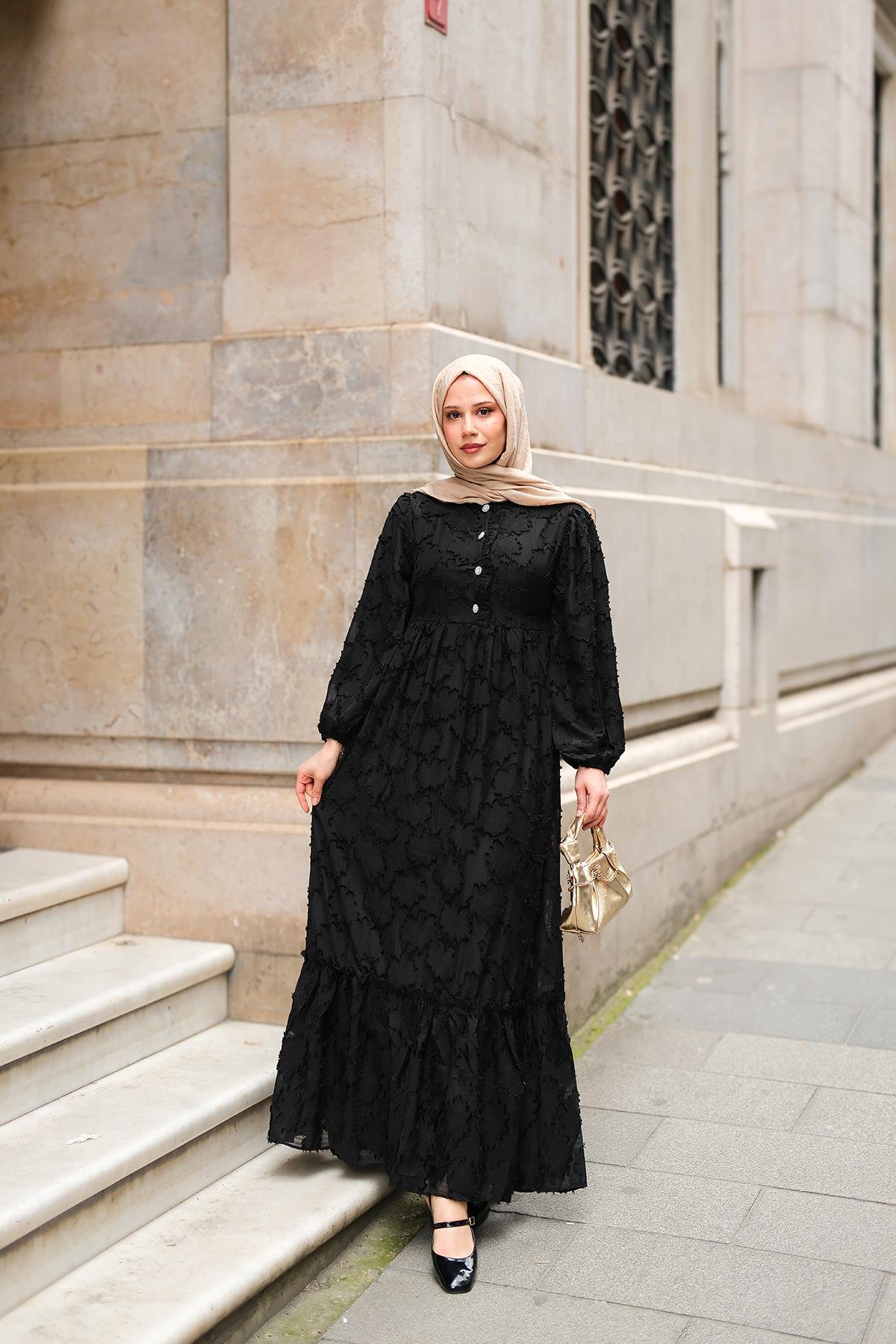 Düğme Detay Bisiklet Yaka Elbise Siyah