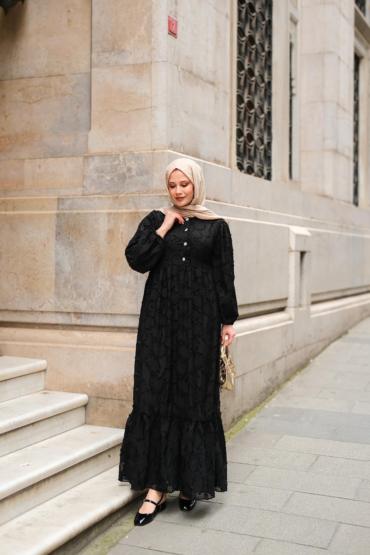 Düğme Detay Bisiklet Yaka Elbise Siyah