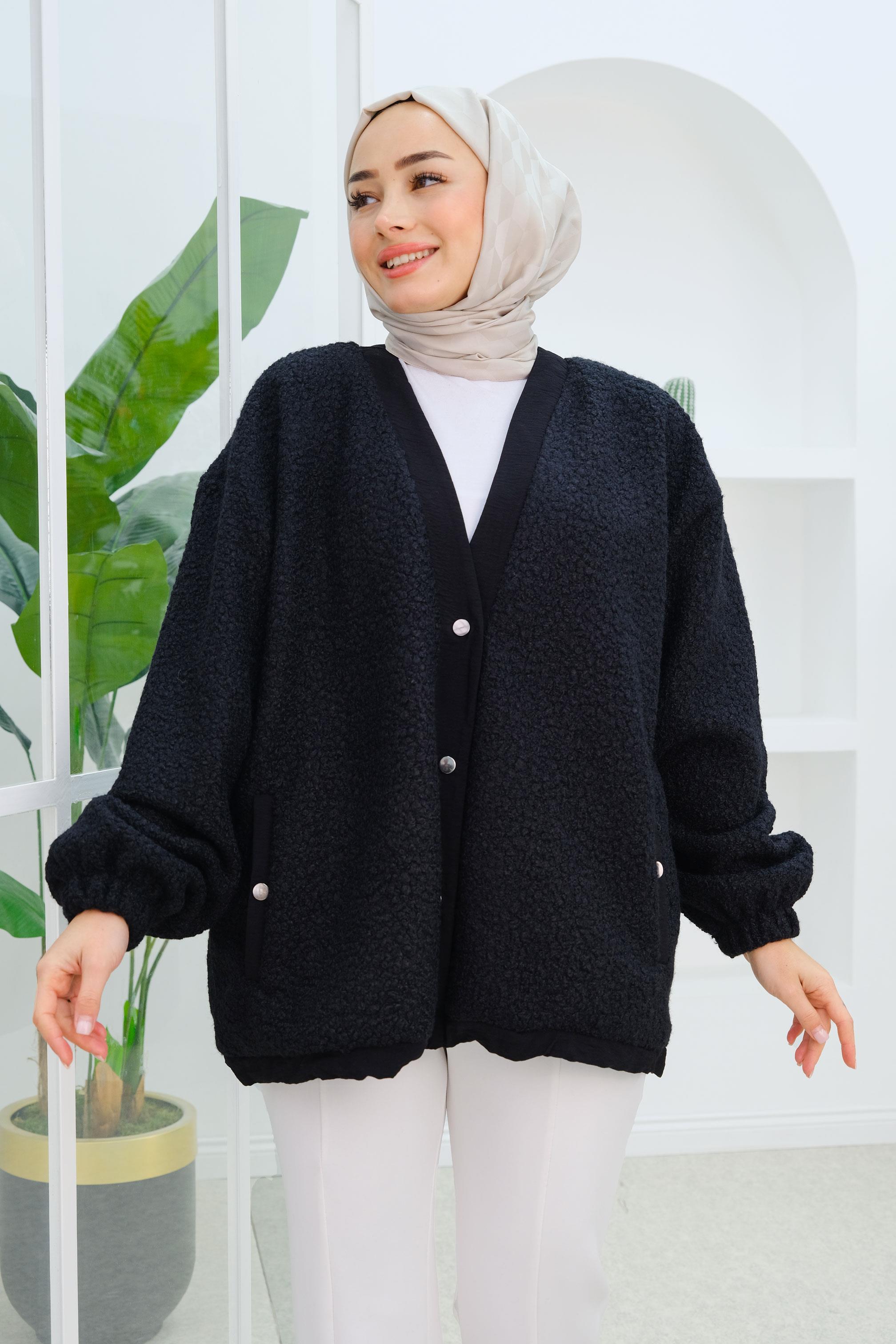 Düğme Detay Buklet Hırka Siyah