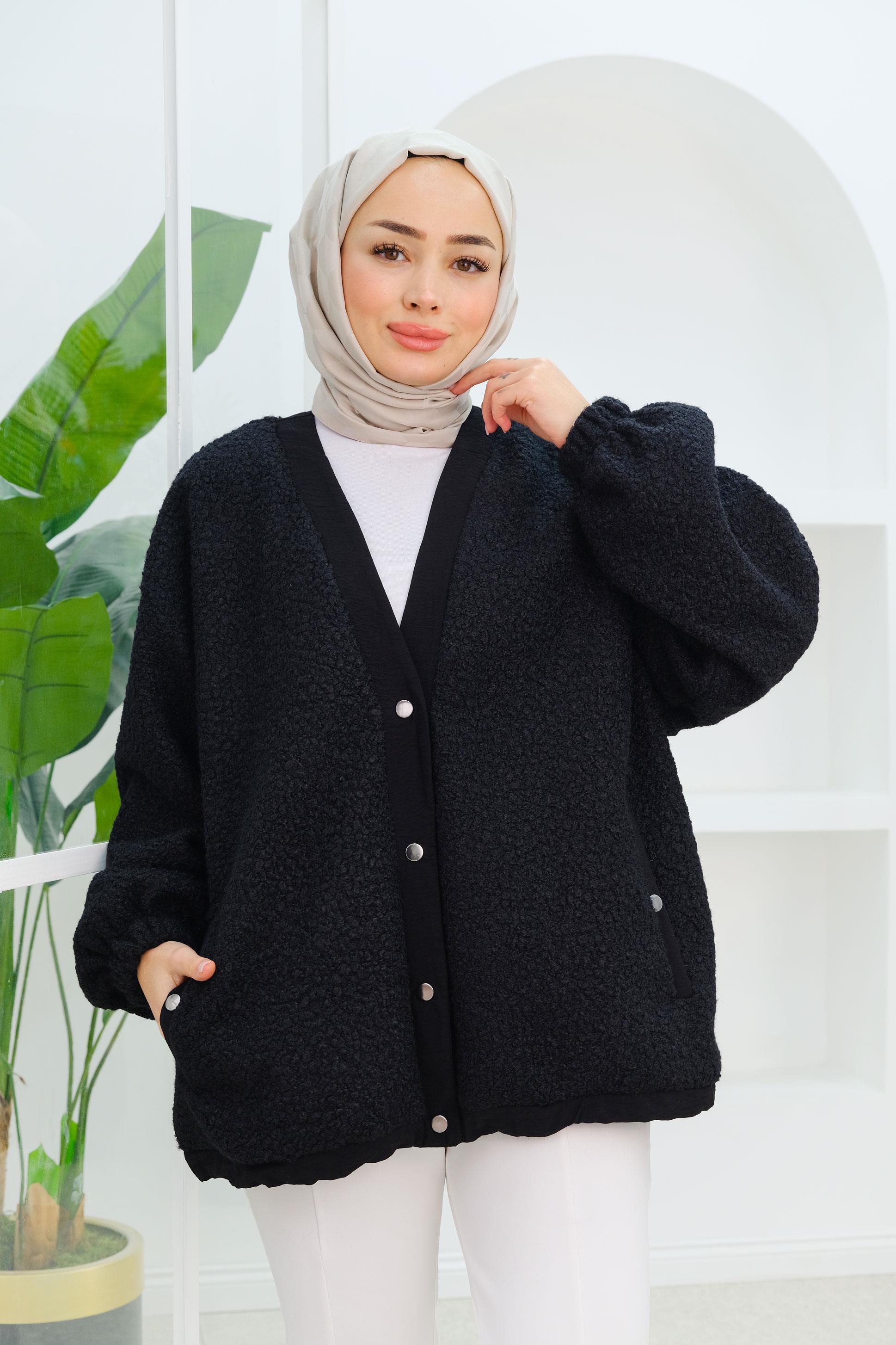 Düğme Detay Buklet Hırka Siyah