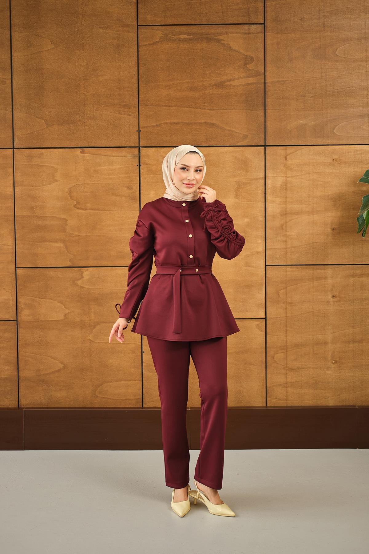 Düğme Detay İkili Takım Bordo