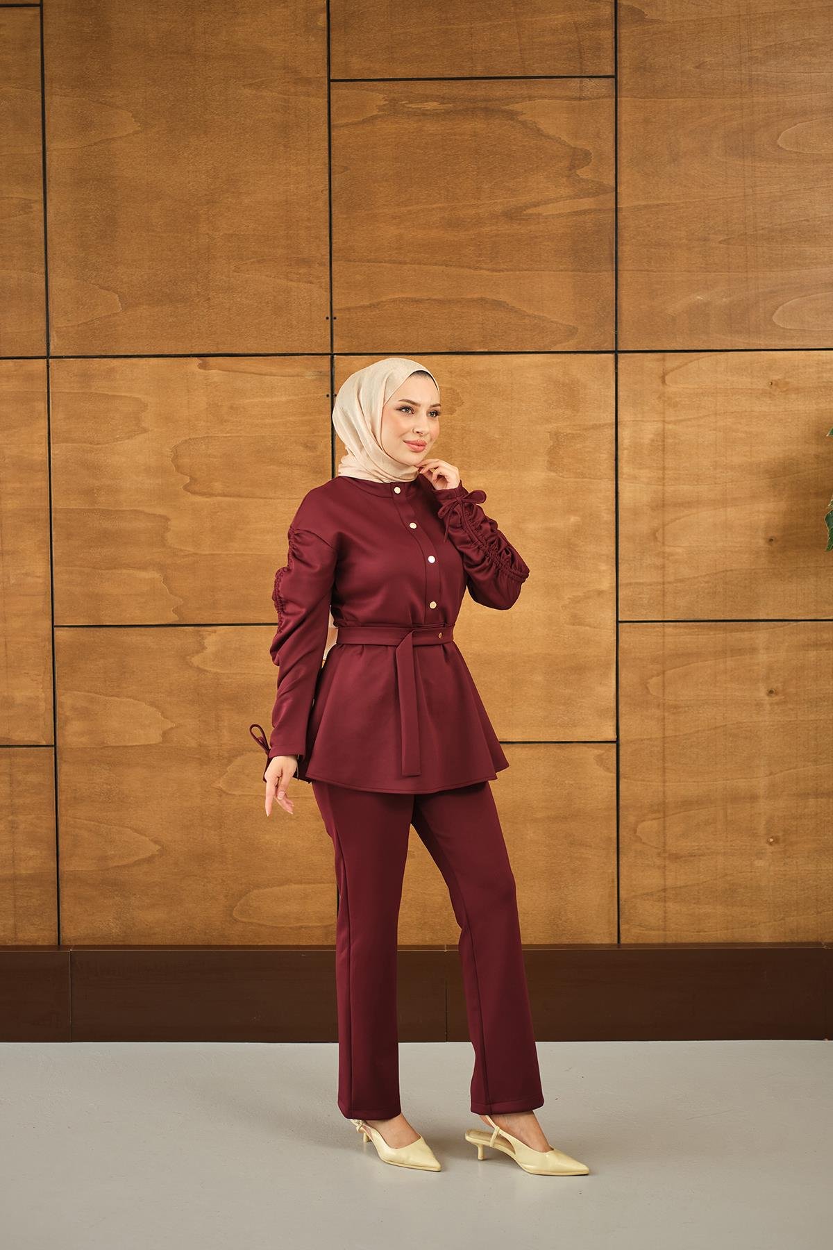 Düğme Detay İkili Takım Bordo